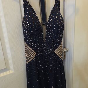 Mon Cheri Midnight Blue Gown with Gold Accents